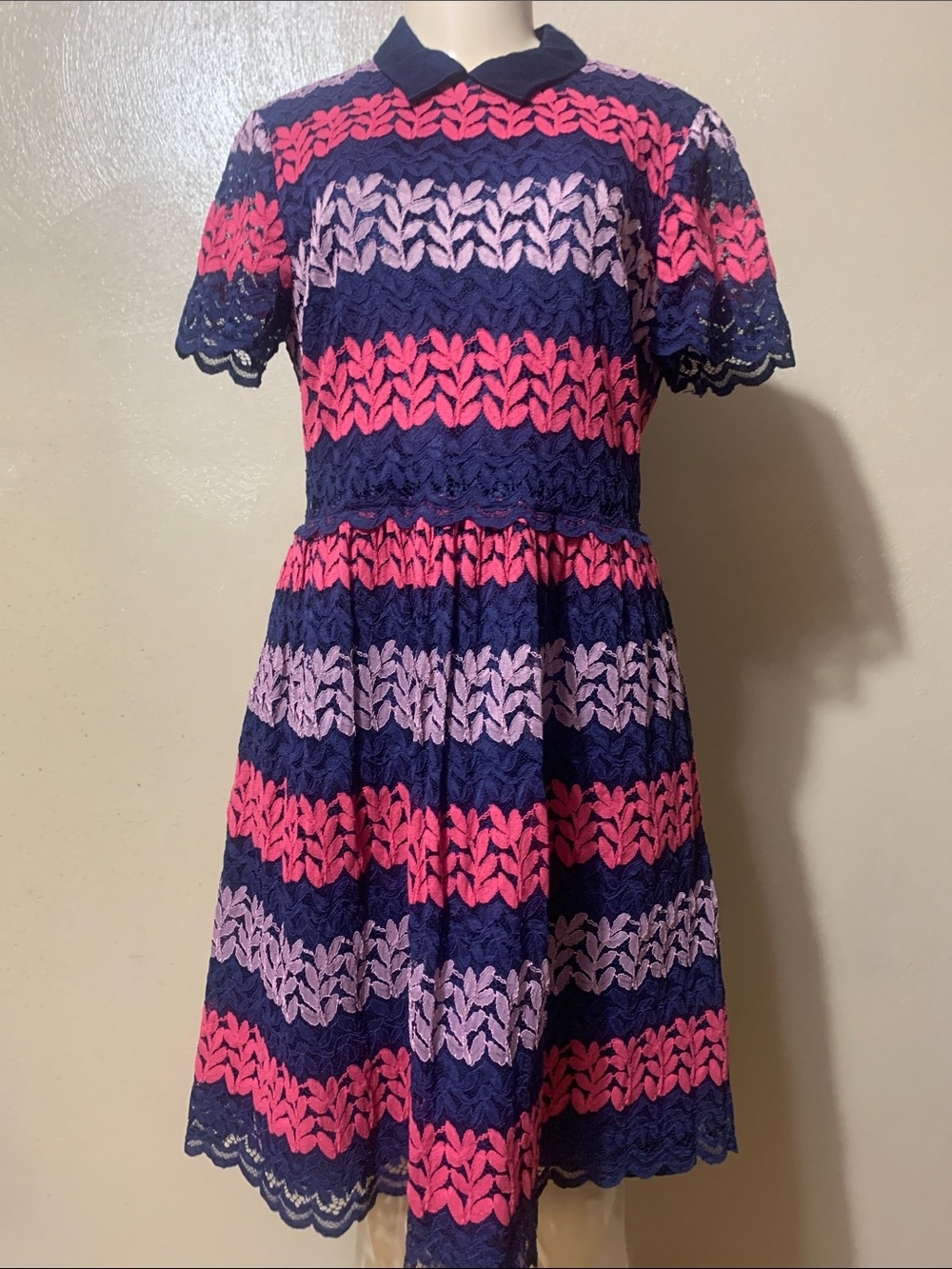 Draper James size 12 Navy Lace Dress with Pink and Fuchsia Stripes Pockets